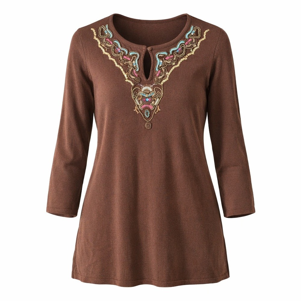 Joseph A‎ Womens Brown Beaded Keyhole Neckline 3/4 Sleeve Knit Sweater Top Large